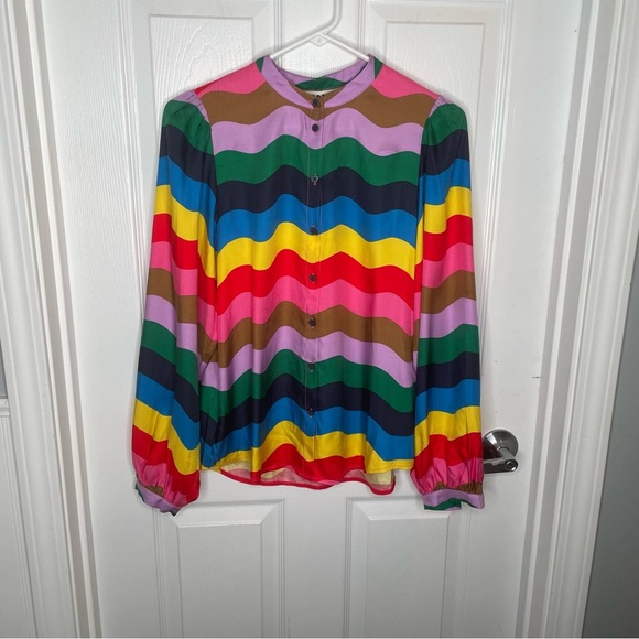 Boden Blouson Sleeve Blouse in Multicolor Rainbow Wave Colorful Loud Pride 2 - Picture 4 of 15